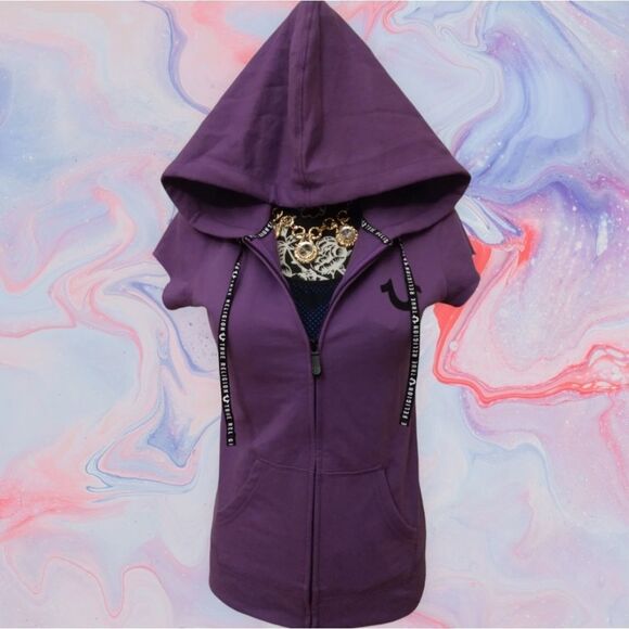 True Religion Women's Zip-Up Hoodie Sweatshirt XS NWT Short Sleeves  Purple - Picture 5 of 15